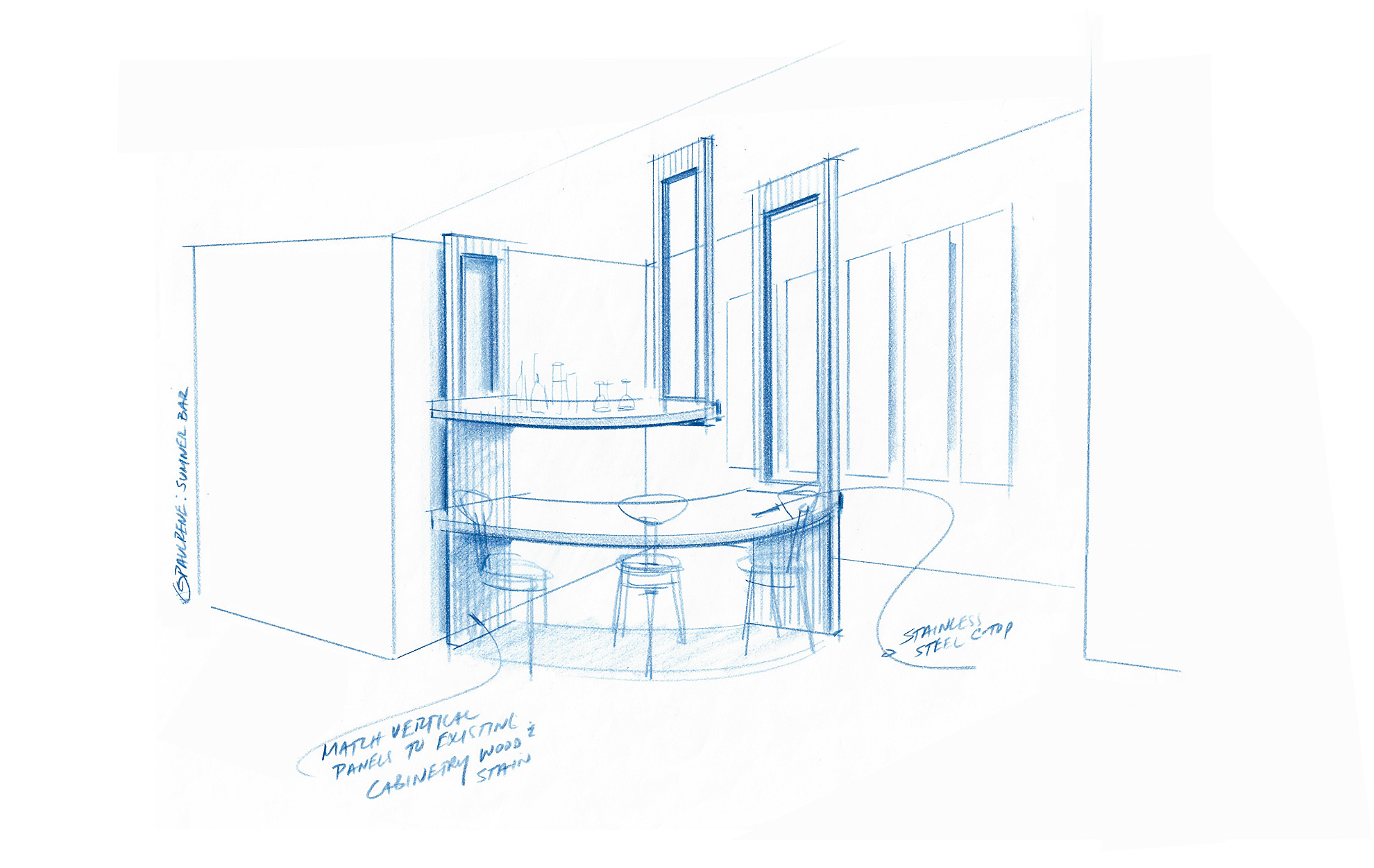paul jeffrey furniture designer's signature indigo blue pencil sketch