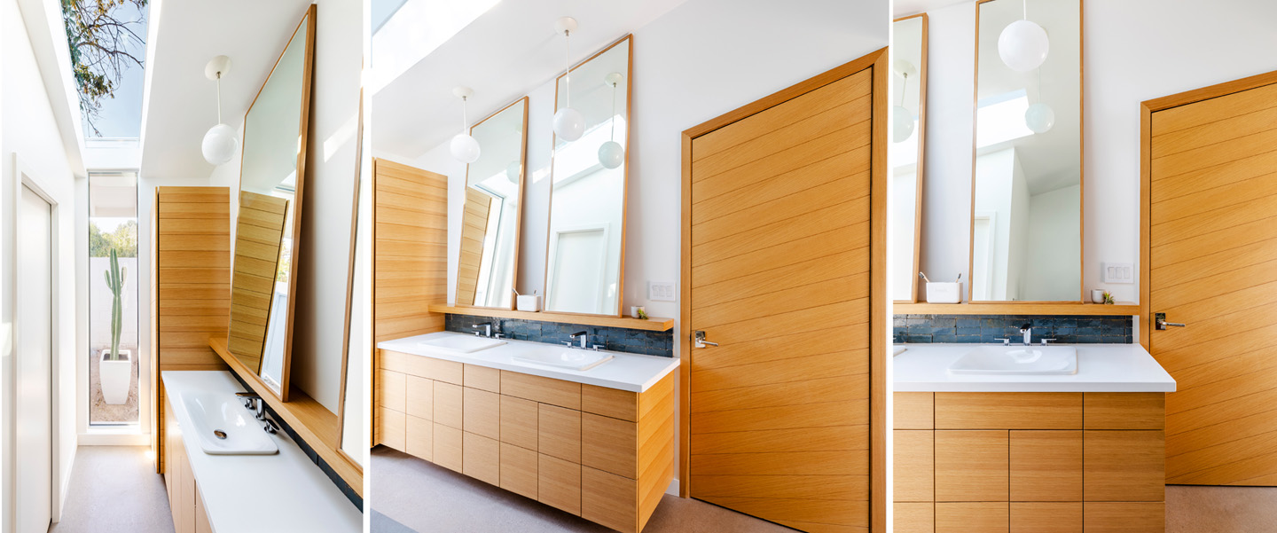 angled rift cut oak bathroom vanity, cabinet and interior door